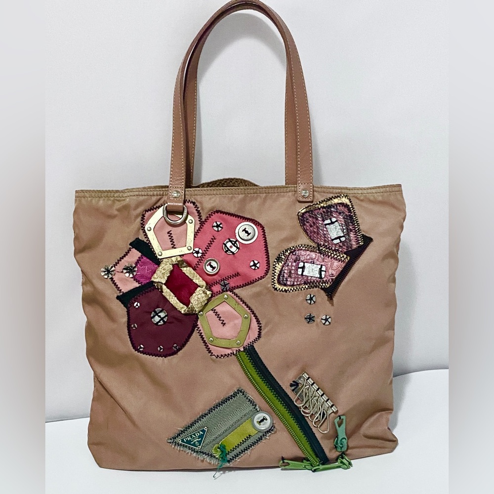 Authentic PRADA Rose Pink Appliqué Deconstructed Flower Shoulder Tote Bag Nylon